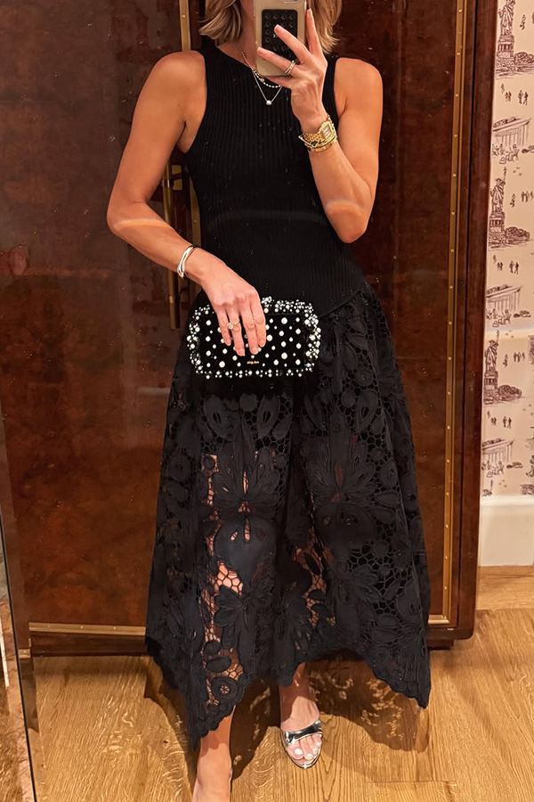 Atlas Asymmetric Ribbed-knit and Guipure Lace Back Zipper Midi Dress-consonak