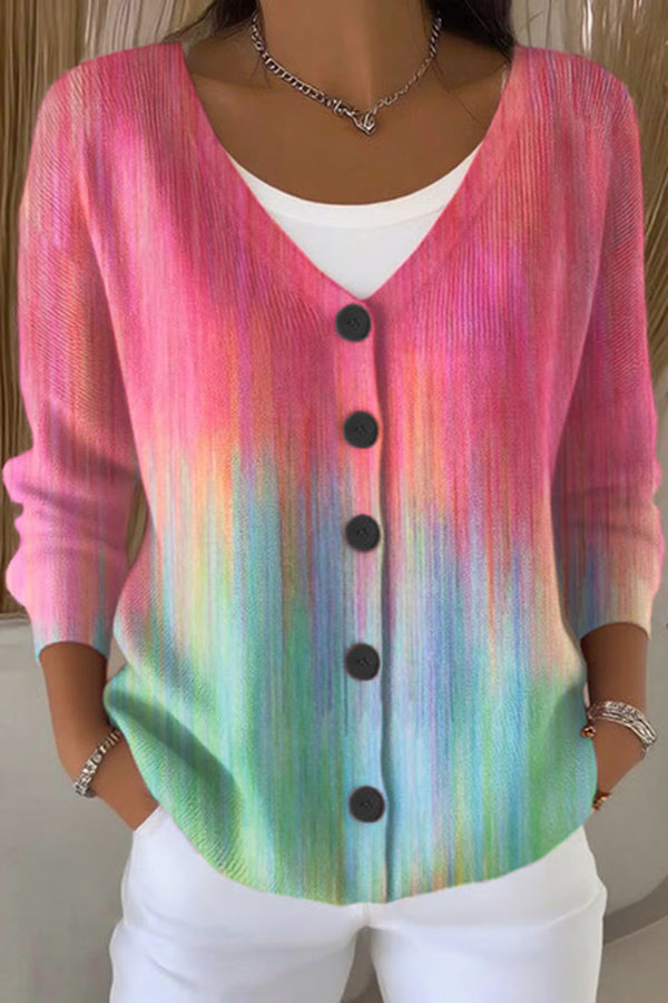 Unique Print V-Neck Long Sleeve Casual Knit Cardigan-consonak