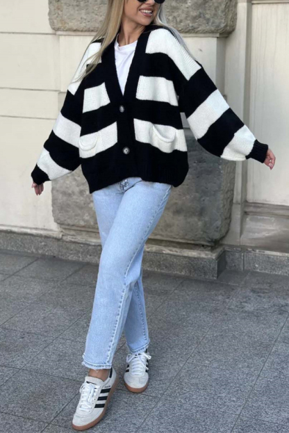 Casual V-neck Long-sleeved Striped Pocket Knitted Cardigan-consonak