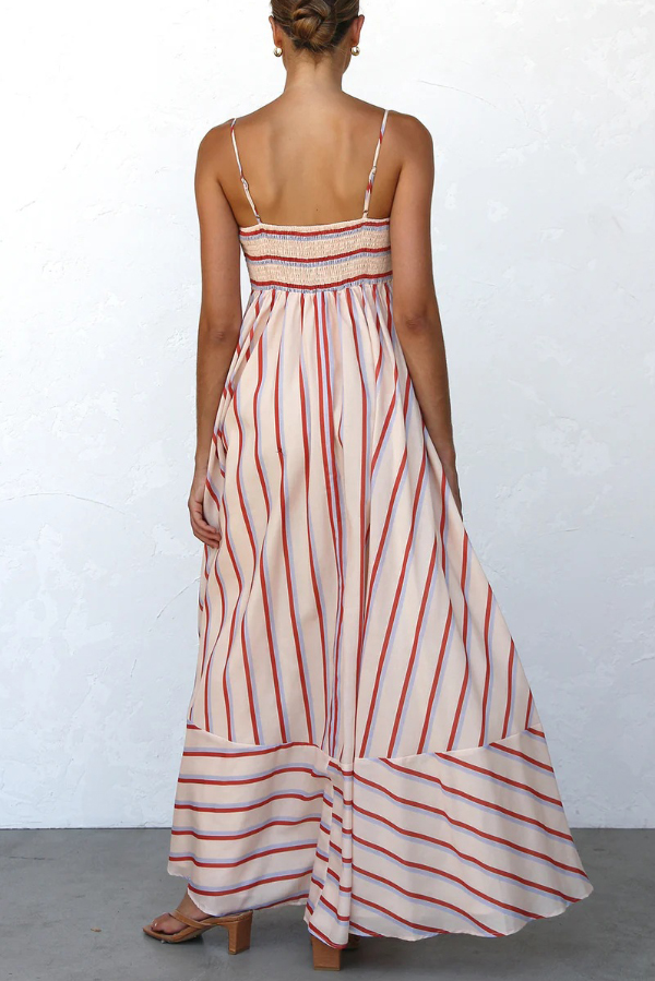 Striped Printed Square Neck Sleeveless Ruched Casual Maxi Dress