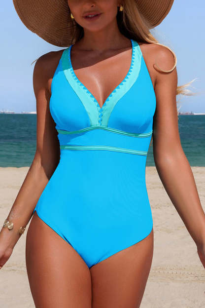 Stylish Color-blocked V-neck Stretch One-piece Swimsuit-consonak