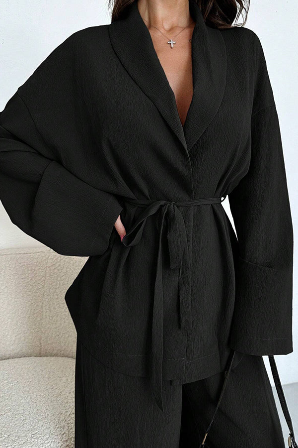 Solid Color Collared Long-sleeved Tie-waist Loose Top and Elastic Waist Casual Wide-leg Pants Set-consonak