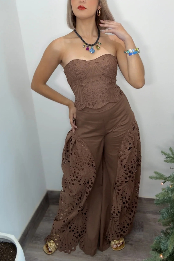 Lily Embroidered Cutout Lace Back Lace-up Tank and High Rise Wide Leg Pants Set