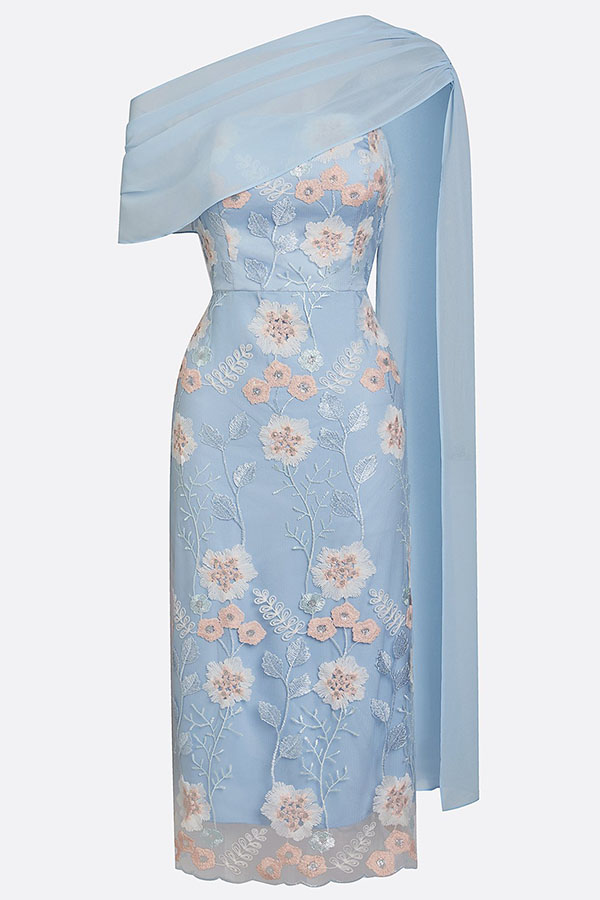 Ellie Ruched Drape Tulle One Shoulder Floral Embroidery Party Midi Dress | Consonak