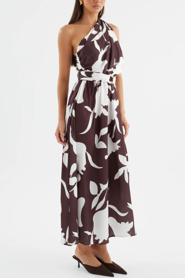 Unique Printed One-Shoulder Belt Casual Holiday Maxi Dress