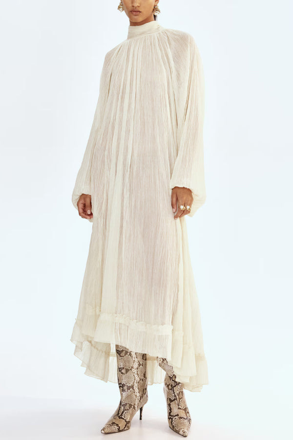 Solid Color High-neck Long-sleeved Loose Ruffle Maxi Dress-consonak