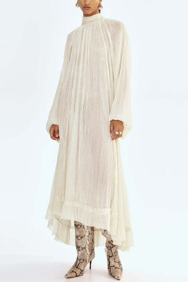Solid Color High-neck Long-sleeved Loose Ruffle Maxi Dress-consonak