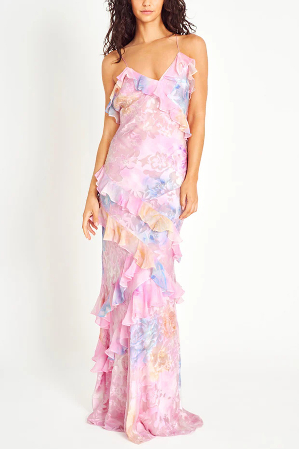 Multicolor Tie-dye Sexy Backless Wave-hem Strap Maxi Dress-consonak
