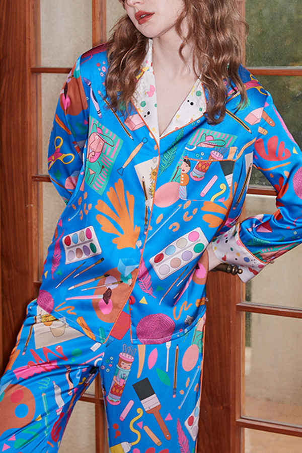 Blue Stationery Printed Home Long-sleeved Two-piece Set-consonak