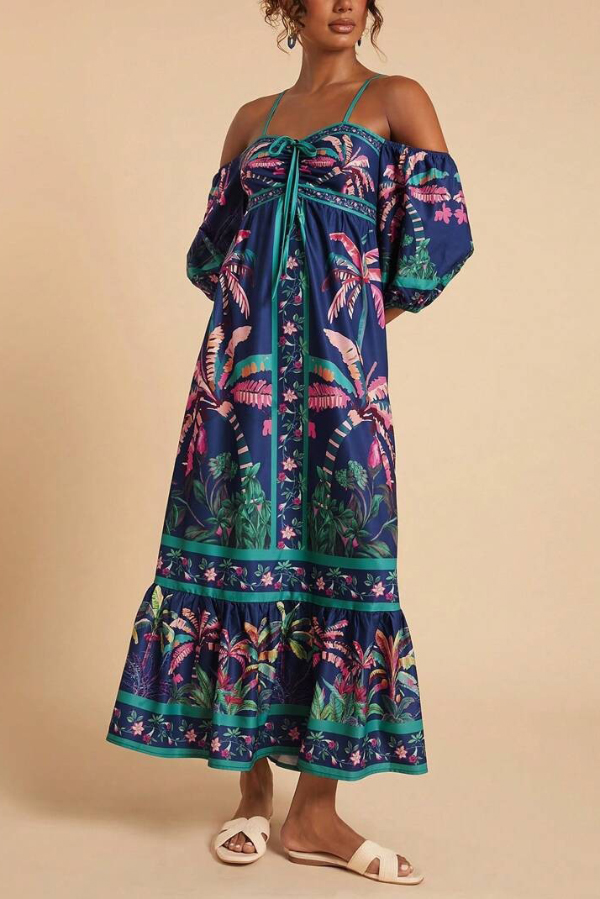 Coconut Tree Print Off-shoulder Half Sleeve Casual Vacation Maxi Dress
