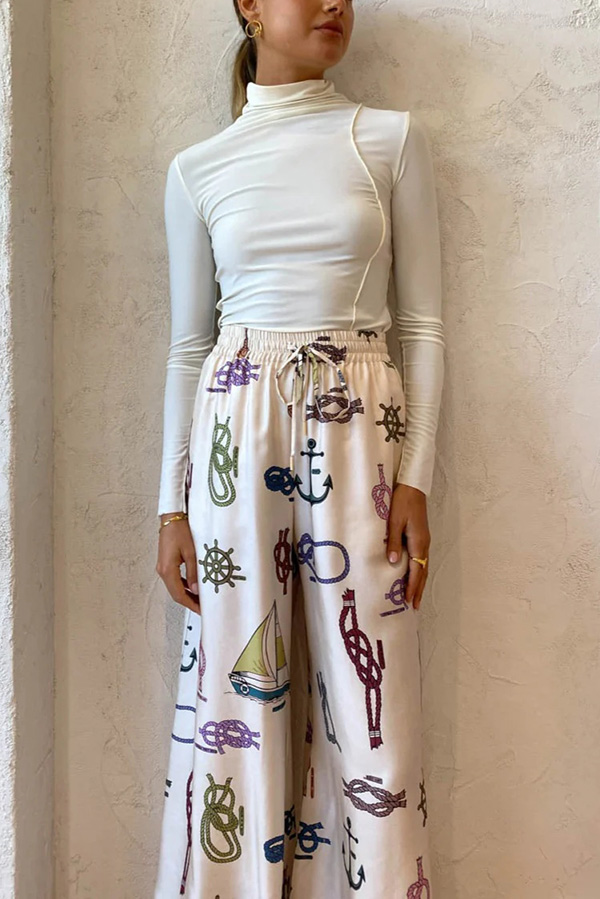 Sail Away Satin Unique Nautical Motifs Print Elastic Waist Pocketed Wide Leg Pants-consonak