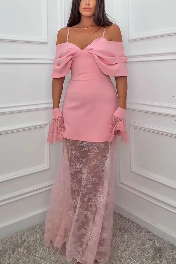 Cassie Bow Neck Off Shoulder Mini Dress and Lace Elastic Waist Maxi Skirt Set