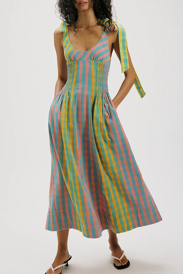Sweet Colorful Plaid Scoop Neckline Adjustable Shoulder Ties Pocket Midi Dress-consonak