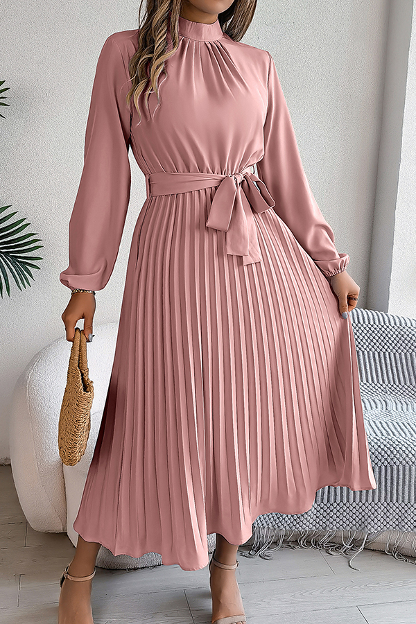 Elegant Stand-collar Long-sleeve Waisted Tie-up Pleated Midi Dress-consonak