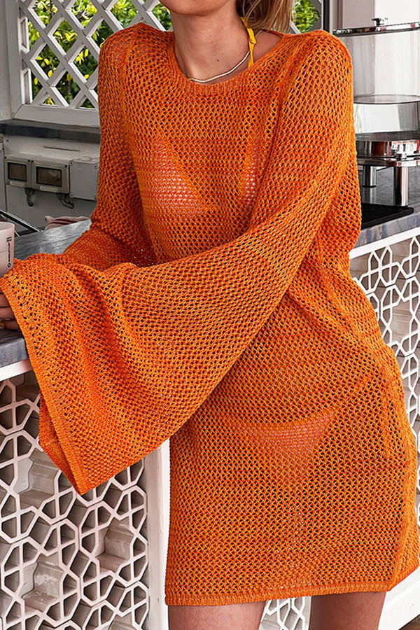 Knitted Dolman Sleeves Cutout Crew Neck Tie Backless Cover Up-consonak