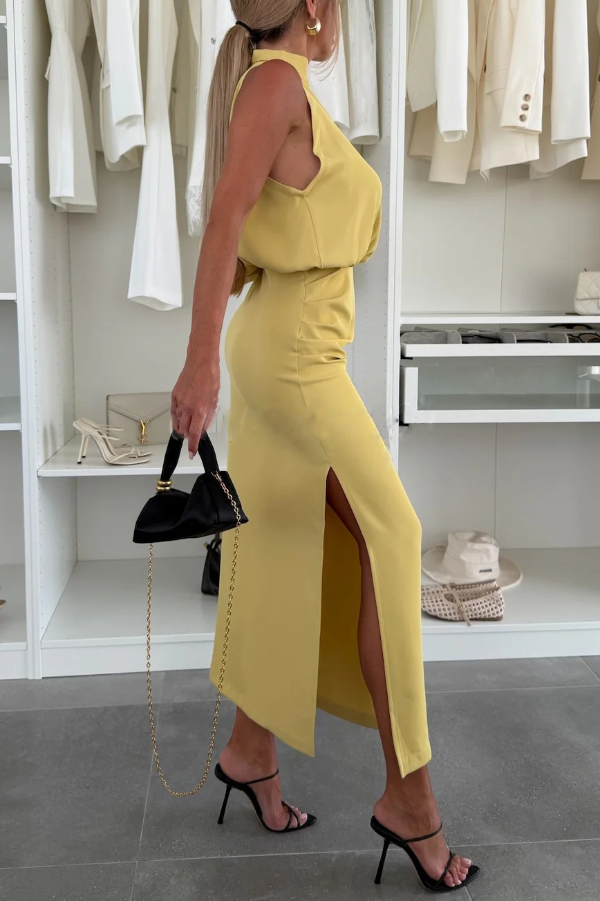 Asymmetrical Design Solid Color One-sleeve Fitted Waist Elegant Slit Maxi Dress