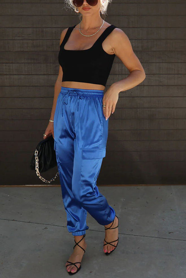 Something Great Satin Pocketed Elastic Waist Cargo Pants-consonak