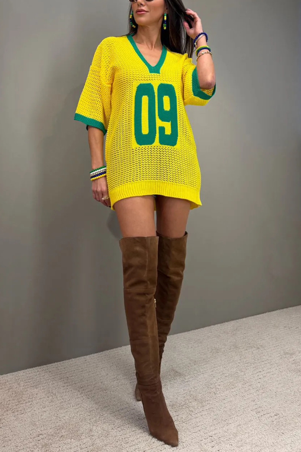 World Cup Digital Jacquard Loose V-neck Short-sleeved Knit Top