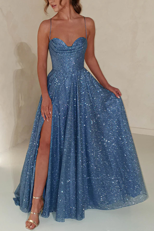 Cinderella Glitter Tulle Fabric Cowl Neck Back Lace-up Pocketed Slit Maxi Dress-consonak