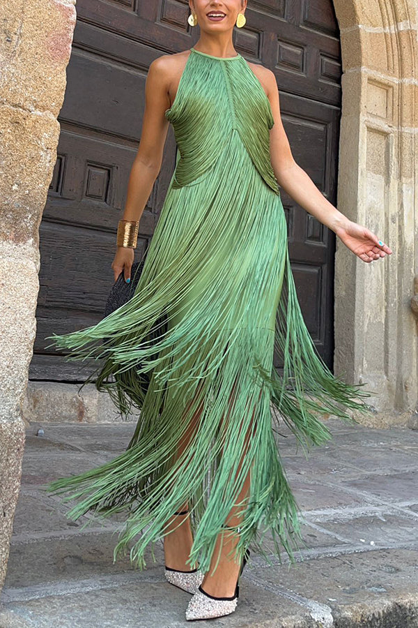 Fashion Sleeveless Halter Neck Elegant Tassel Slim Maxi Dress-consonak