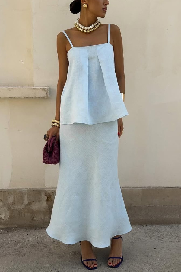 Linen Blend Loose Square Neck Camisole Top and Elegant Resort Maxi Skirt Set-consonak