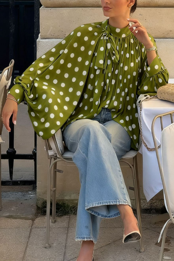 Polka Dot Print Tie-waist Lantern Sleeve Elegant Loose Shirt-consonak