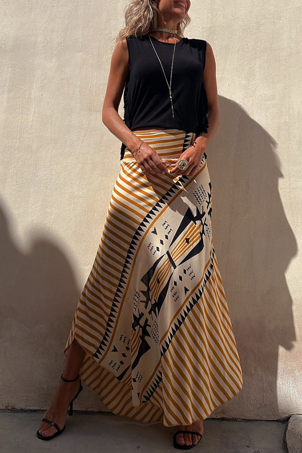 Eva Satin Geometric Print Elastic Waist Maxi Skirt | Consonak