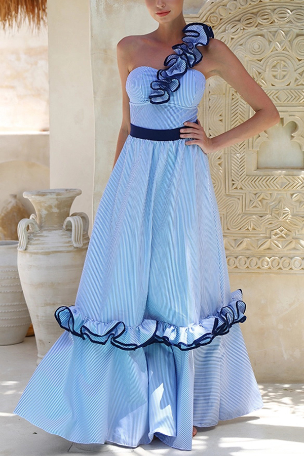 Striped Print Elegant Ruffle Trim Vacation Maxi Skirt-consonak