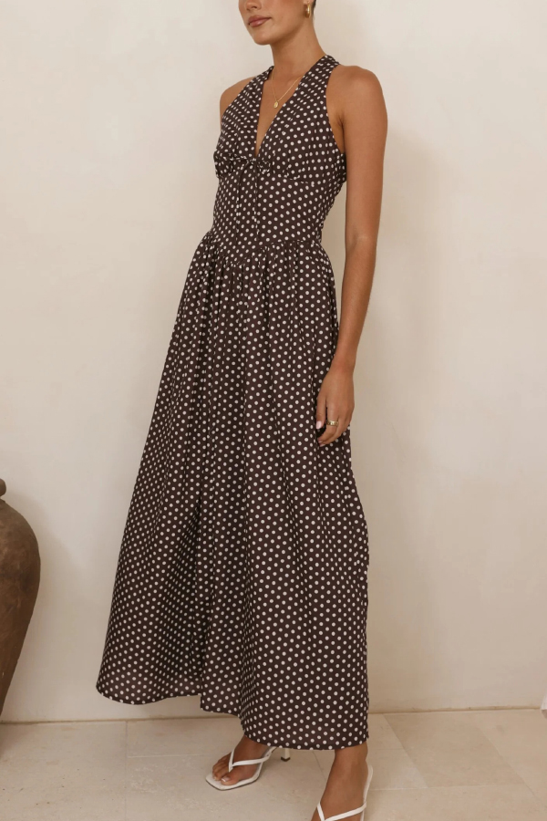 Polka Dot Print Halter Neck Fitted Waist Holiday Maxi Dress-consonak