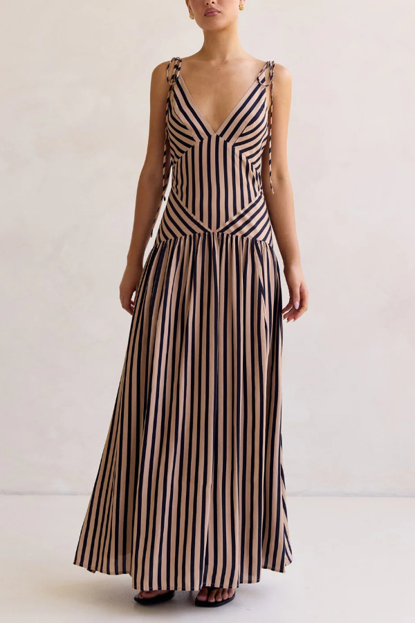Striped Print Tie Backless Sleeveless V-Neck Elegant Maxi Dress