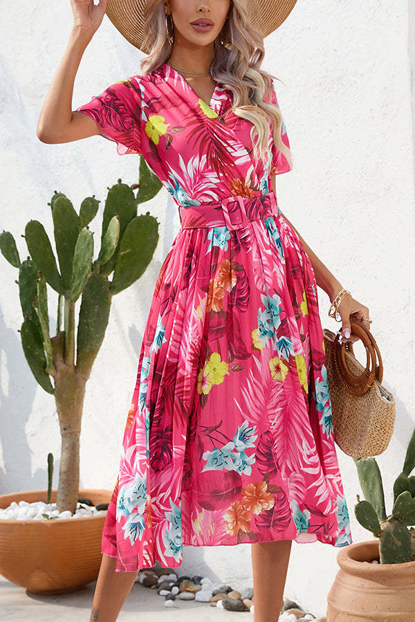 Paulette Contrast Floral Print Belted Pleated Midi Dress-consonak