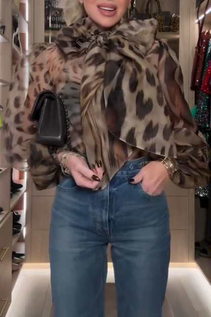 Peregrine Semi-sheer Silk Animal Print Bow Neck Balloon Sleeve Loose Blouse-consonak