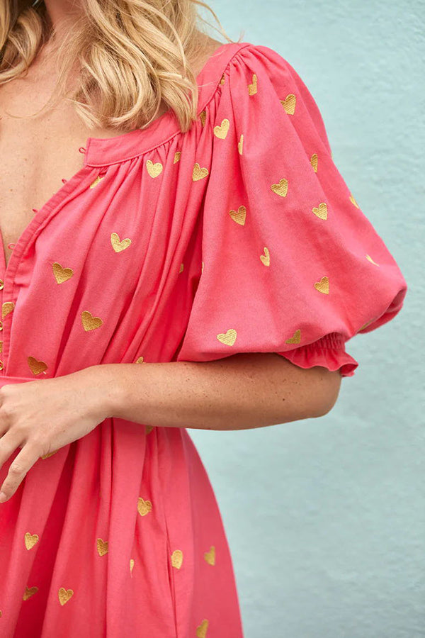 Valentine's Day Gold Heart Print Puff Sleeve Button Pocketed Loose Maxi Dress-consonak