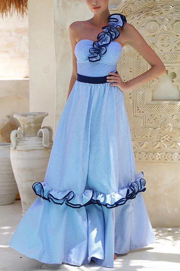 Striped Print One-Shoulder 3D Floral Elastic One-Piece Swimsuit-consonak