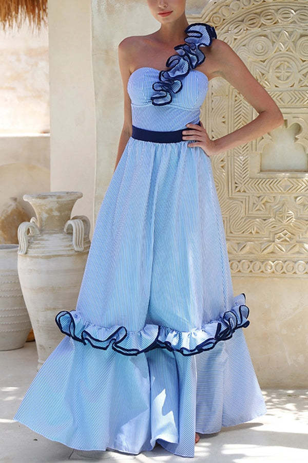 Striped Print One-Shoulder 3D Floral Elastic One-Piece Swimsuit-consonak