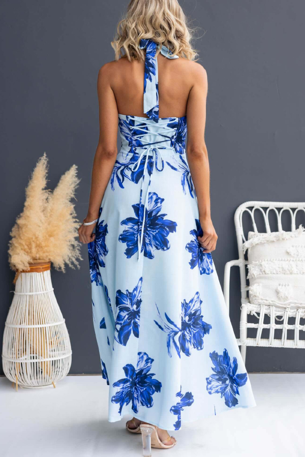 Floral Print V-neck Backless Tie-up Fitted Waist Elegant Maxi Dress | Consonak