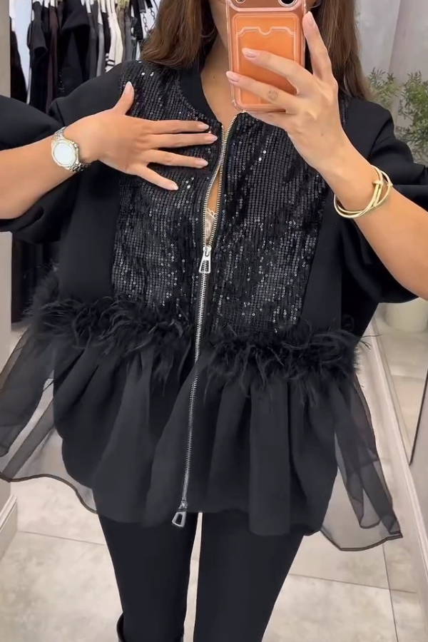 Fashionable Sequined Feather Patchwork Mesh Ruffled Hem Loose Zip-up Jacket