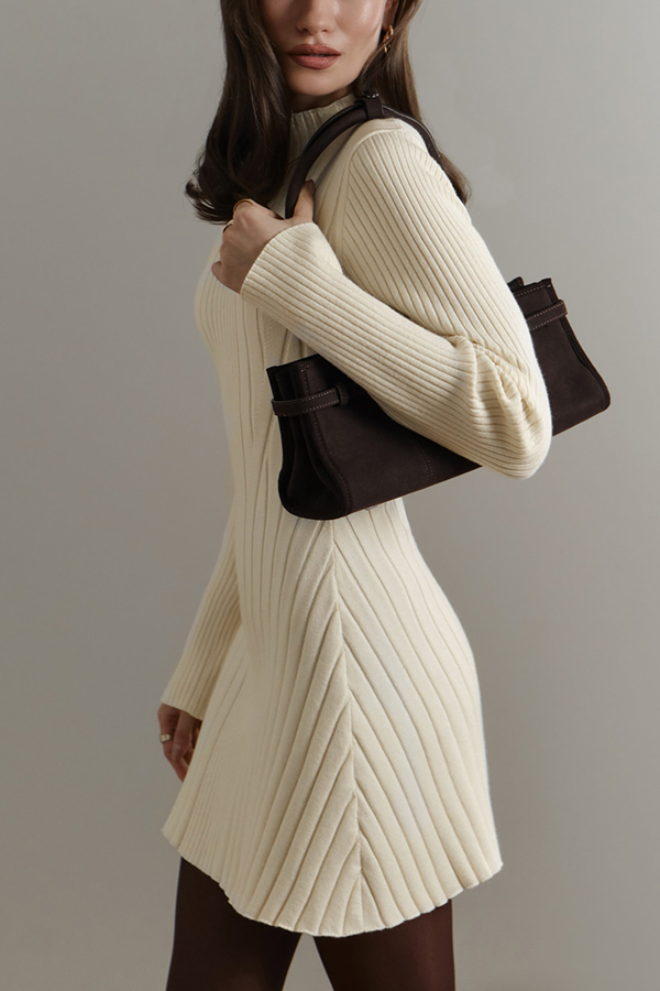 Solid Color Long-sleeved Slim-fit Elegant Knitted Mini Dress-consonak