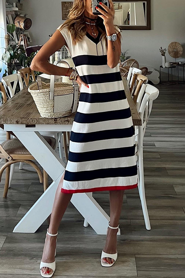 Cutest In The Room Striped V-neck Loose Slit Midi Dress-consonak
