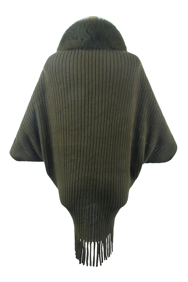 Fashionable Fur Collar Tassel Hem Knitted Shawl Cape-consonak