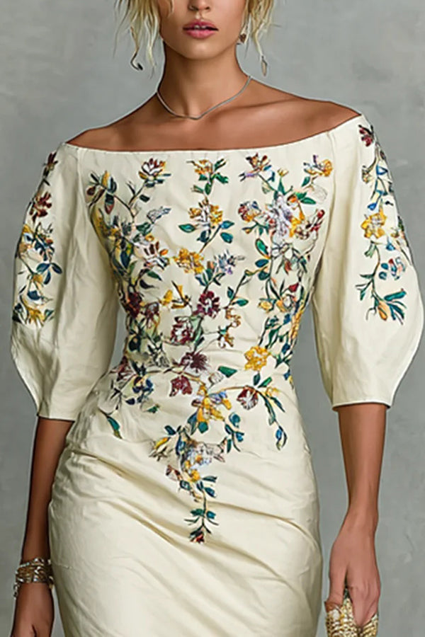 Floral Print Off-shoulder Puff Sleeve Fitted Midi Dress-consonak