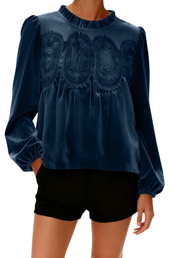 Fashionable Velvet and Lace Patchwork Loose Long-sleeved Top-consonak