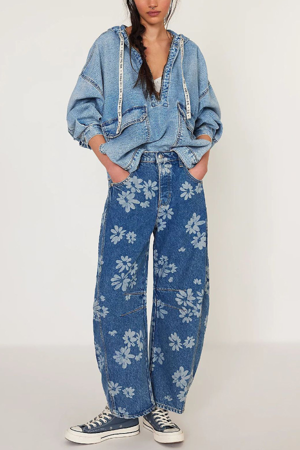 Fashionable Printed Casual Loose Mid-rise Pocket Leg Jeans