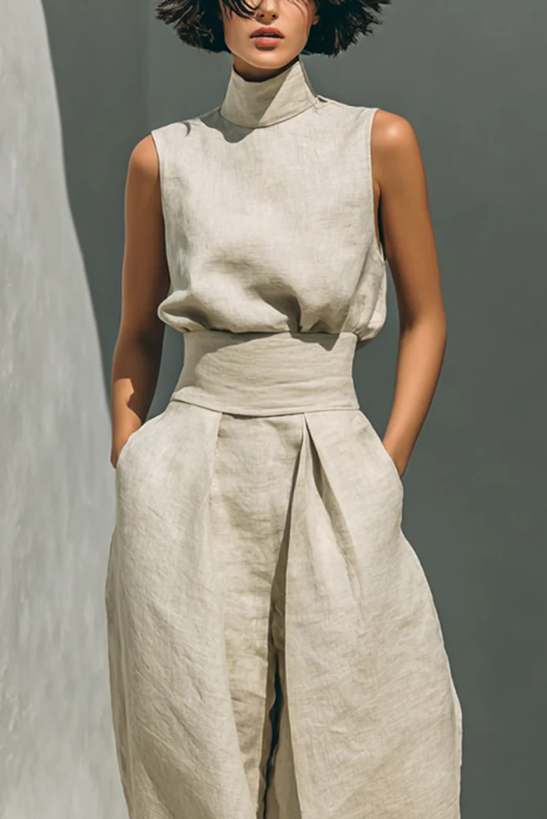 Linen Blend Solid Color Turtleneck Sleeveless Top and Casual High-waisted Elastic Waist Pocket Wide-leg Pants Set