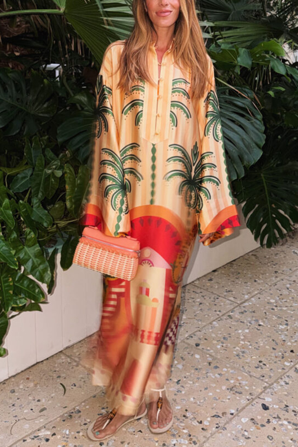 Vibrant Satin Urban Landscape Print Button Long Sleeve Slit Kaftan Midi Dress