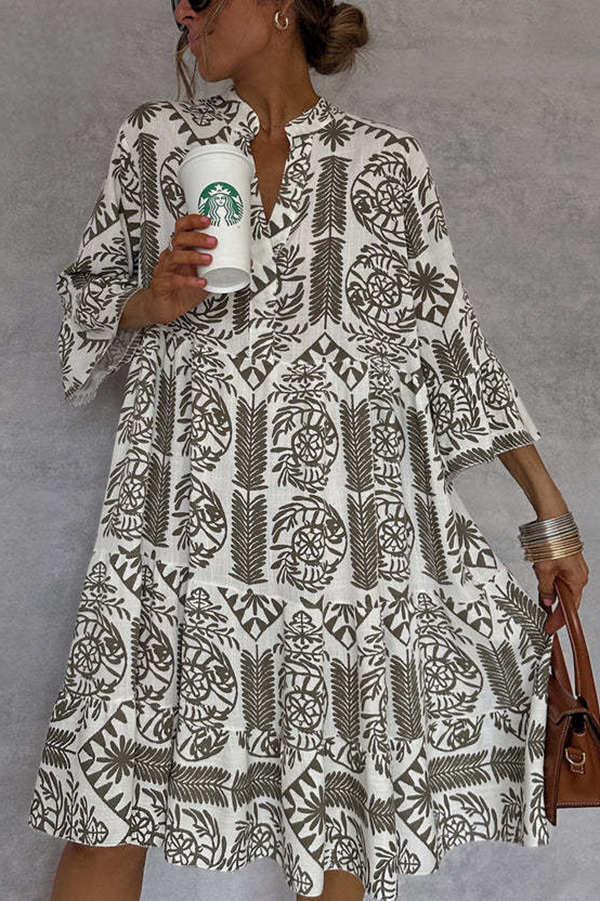 Unique Printed V-neck Bell Sleeve Mini Dress | Consonak