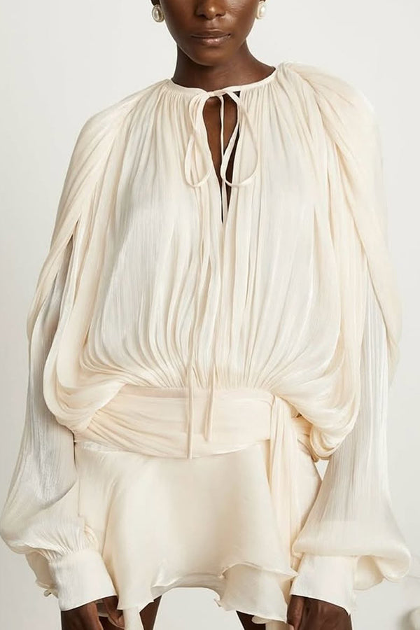 Solid Color Long-sleeved Belted Asymmetrical Mini Dress and Elastic Waist Casual Shorts Set-consonak