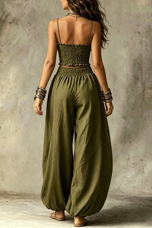 Olive Gypsy  pleated crop top and high-waisted wide-leg pants set-Consonak