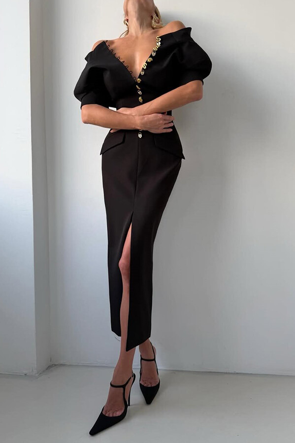 Kathy Unique Metal Pattern Buttons High Neck Short Sleeve Pencil Slit Midi Dress