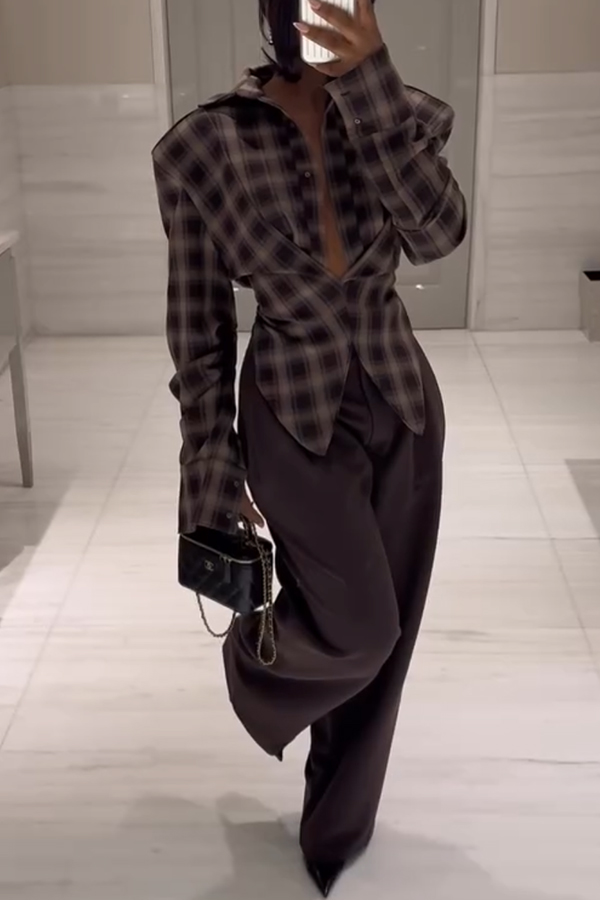 Vintage Plaid Shoulder Pad Buttons Long Sleeve Angled Hem Shirt-consonak